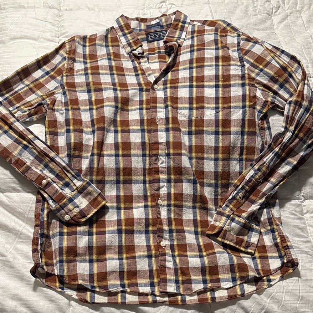 RYE Men's Plaid Button Down Shirt - Brown, Blue, White